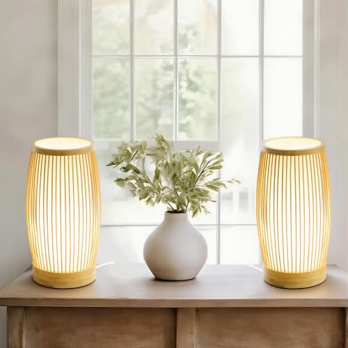 Set of 2 Small Table Lamps, 11" Japandi Bamboo Bedside Lamps with Beige Linen Shades, Boho Nightstand Lamps for Bedroom, Living Room, Dorm Room, Natural - color: Nature