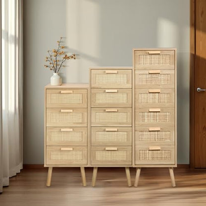 Finnhomy Rattan Dresser for Bedroom, Tall Dresser with 5 Hand Made Rattan Decorated Drawers, Small Chest of Drawers for Living Room, Closet, Hallway, Natural - size: 15.6"D x 15.7"W x 42.1"H (5 Drawers)