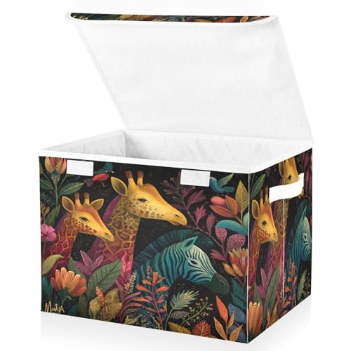 Fantasy Jungle Giraffes Zebra Black Collapsible Storage Bins with Lids Decorative Fabric Cubes Closet Organizer Basket Boxes Containers for Clothes Box Chest Folding Rectangl - color: Fantasy Jungle Giraffes Zebra Black