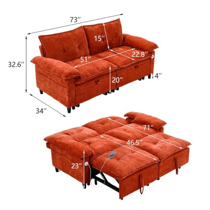 73" Plush Velvet Convertible Loveseat Sleeper Sofa Bed, Loveseat Convertible with Hidden Mattress, Sofa Bed Couch Simple Assembly for Small Apartment and Guest Space, Orange - color: Orange