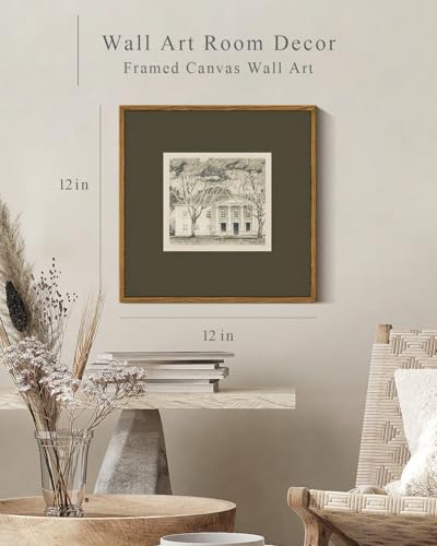 InSimSea Vintage House Canvas Wall Art, 12"x12" Square Framed Sketch Print | Antique Mansion Architectural Landscape Wall Decor with Trees for Living Room Bedroom Office Farmhouse Rustic Home - color: Little House, size: 12"L x 12"W