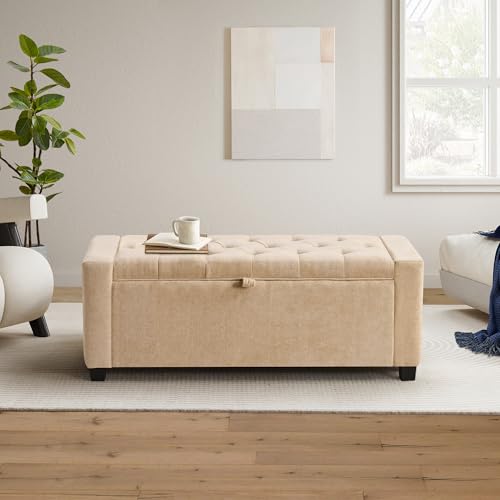 GRAINELL 42.13” Storage Ottoman Bench, Upholstered Tufted Bedroom Bench | End of Bed Storage Bench for Living Room & Entryway, 350 lb Capacity - color: Flaxen