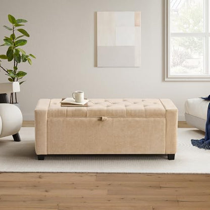 GRAINELL 42.13” Storage Ottoman Bench, Upholstered Tufted Bedroom Bench | End of Bed Storage Bench for Living Room & Entryway, 350 lb Capacity - color: Flaxen