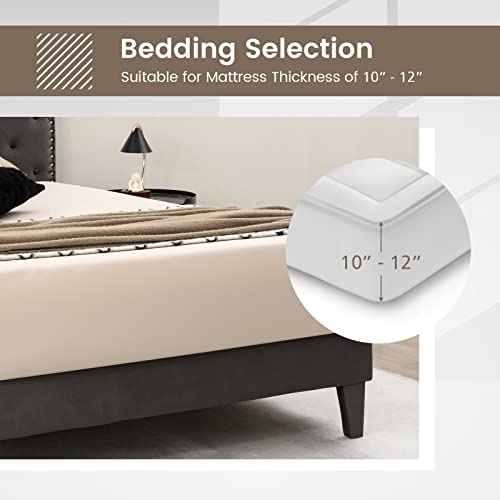 Upholstered Full Bed Frame, Low Velvet Mattress Foundation w/Wooden Slats, Button Tufted & Nailhead Trim Headboard, No Box Spring Needed, Easy Assembly, Double Platform Bed Frame Full Size - size: Full