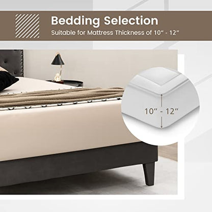 Upholstered Full Bed Frame, Low Velvet Mattress Foundation w/Wooden Slats, Button Tufted & Nailhead Trim Headboard, No Box Spring Needed, Easy Assembly, Double Platform Bed Frame Full Size - size: Full