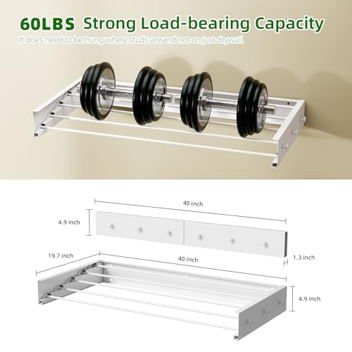 Wall Mounted Drying Rack for Laundry 40'', Folding Drying Rack Clothing Wall Mount with 5 Rods and 6 Hooks, Space Saving for Indoor Outdoor Bathroom Balcony (White, 40'') - size: 40''【6 Hooks】