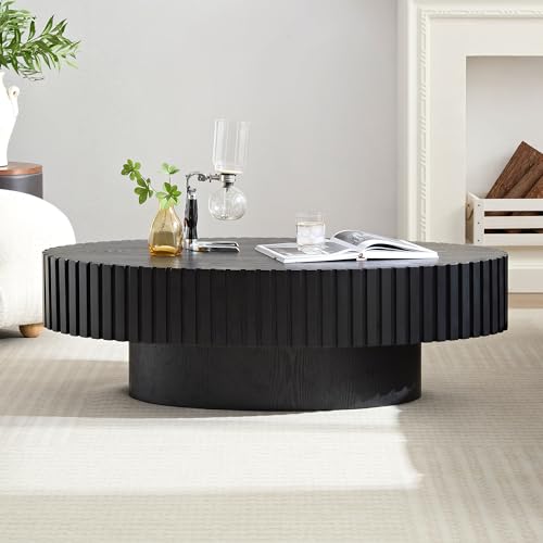 43.31'' Round Coffee Table for Living Room,Modern Handcraft Drum Coffee Table Wood Small Coffee Table with Sturdy Pedestal,Black - color: Black, size: 43.7"x24.8"x13.38"