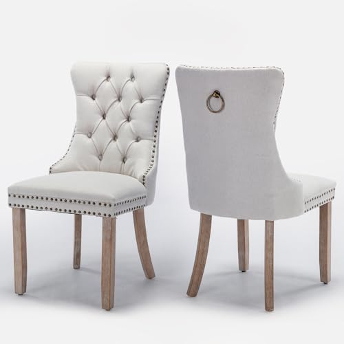 Linen Upholstered Dining Chairs Set of 2, Modern Style Kitchen Side Chairs with Nailhead Trim and Wood Leg, Metal Pulling Ring for Dining Room Living Room(Beige,Set of 2) - color: Beige-linen, size: Set of 2