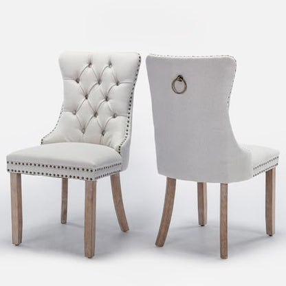 Linen Upholstered Dining Chairs Set of 2, Modern Style Kitchen Side Chairs with Nailhead Trim and Wood Leg, Metal Pulling Ring for Dining Room Living Room(Beige,Set of 2) - color: Beige-linen, size: Set of 2
