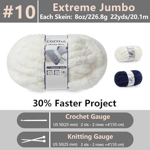 Cozyful Chunky Yarn for Hand Knitting - #10 Chunky Chenille Yarn, Jumbo Big Thick Chunky Yarns for Crocheting, Super Bulky Chunky Knit Blanket Yarns, 8 Skein (22yd, 8oz/Skein), Cream & Navy - color: Cream & Navy