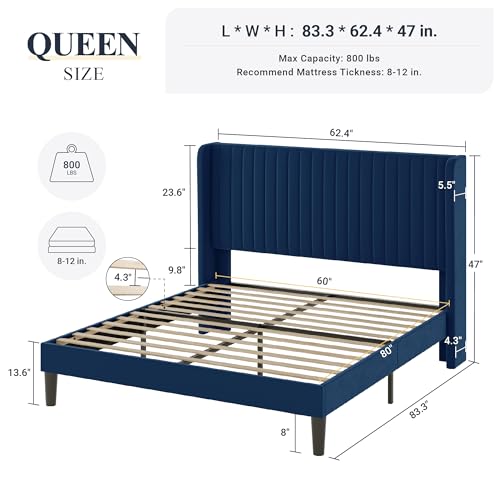 Allewie Queen Size Velvet Bed Frame/Vertical Channel Tufted Wingback Headboard/Upholstered Platform Bed/Strong Wooden Slats/No Box Spring Needed/Easy Assembly/Dark Blue - color: Blue, size: Queen