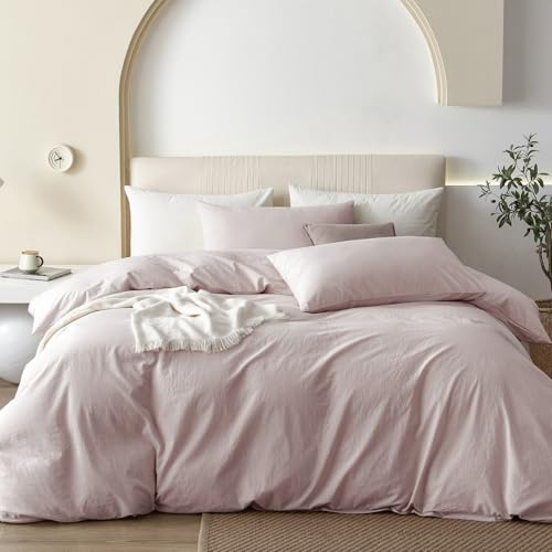 JIYUAN Full Washed Cotton Duvet Cover Set, 3-Piece, Relaxed Linen Feel | Includes 2 Pillowcases, Hidden Zipper & 8 Corner Ties. Naturally Soft, Breathable & Lightweight. Machine Washable. - color: Heathered Greyish Pink (No Comforter), size: Full(80"x90")
