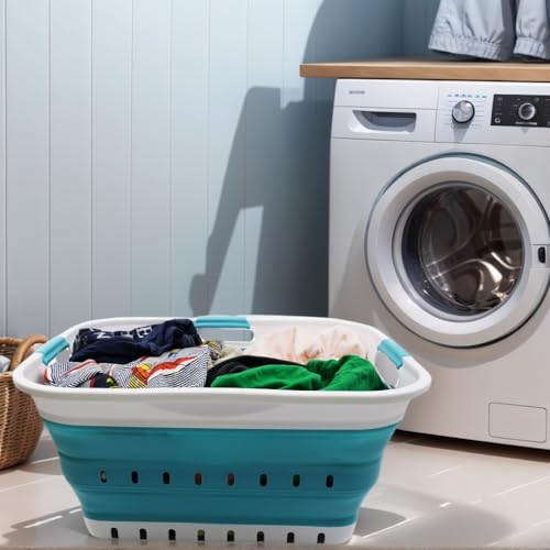 SAMMART 42L Collapsible Plastic Laundry Basket - Foldable Pop Up Storage Container/Organizer - Space Saving Hamper/Basket (1, White/Bright Blue) - color: White/Bright Blue