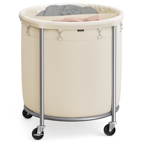 SONGMICS Laundry Basket, Rolling Steel Frame with 2 Locking Wheels, 240 L | Heavy-Duty Laundry Hamper Cart with Removable Bag, Cream White and Metallic Silver, URLS012W01 - color: Cream White + Metallic Silver, size: 240 L (2-Section)