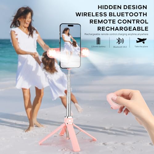 Mini Phone Tripod Stand,MQOUNY 38" Phone Tripod &Selfie Stick with Wireless Rechargeable Remote & Removable Light, Extendable Tripod Stand 360 Rotation Compatible with Phone&Android (MEI-Pink) - color: MEI-Pink