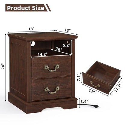 Farmhouse Night Stand with Charging Station, Walnut | 2 Drawers End Tables Bedroom, Bedside Table with Rustic Handles & Floor-Standing Thickened Foot & Open Shelf - color: Walnut, size: 18"D x 18"W x 24"H (2 Drawers)