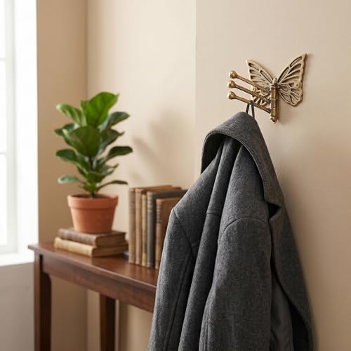 Indian Shelf Brass Butterfly Swivel Wall Hook, Foldable Tri-Arm Gold Hanger - style: Butterfly