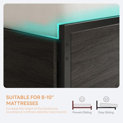 LIKIMIO Twin Bed Frame with DIY Layout Storage Drawers and LED Light | Black Platform Bed with 2-Tier Storage Shelf Headboard, Built-in Charging Station, Suitable for Teen Rooms, Small Space - size: Twin