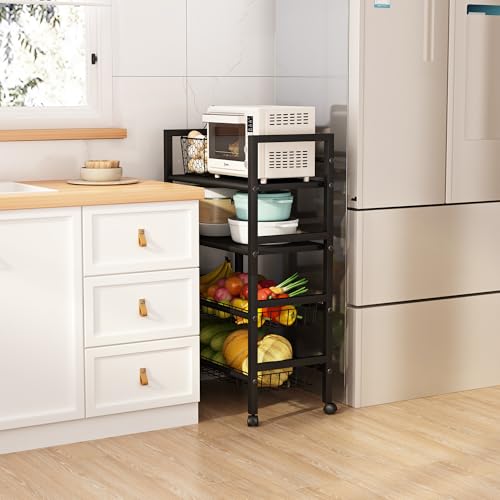 4-Tier Rolling Metal Storage Cart Mobile Organizer with Removable Grid Basket and Locking Wheels, Suitable for Multiple Uses, Black (Large) - size: 23.6 in