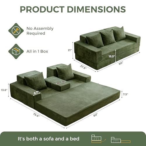 MAXYOYO Convertible Sofa Bed, 80" Oversized Boneless Loveseat Couch 4 in 1 Foldable Floor Sofa Couch in A Box with 2 Cup Holders, Folding Chair for Living Room, No Assembly Required, Green | Corded Green 4-in-1 Boneless Couch Converts Into a Floor Sofa or
