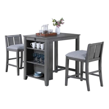 Lilola Home Graham 3-Piece Gray Finish Small Space Counter Height Dining Set with USB Charging Ports, Storage Shelves, and 2 Upholstered Chairs — Space-Saving Table & Chair Set for Apartments - color: Grey