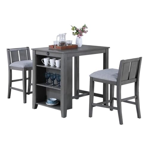 Lilola Home Graham 3-Piece Gray Finish Small Space Counter Height Dining Set with USB Charging Ports, Storage Shelves, and 2 Upholstered Chairs — Space-Saving Table & Chair Set for Apartments - color: Grey