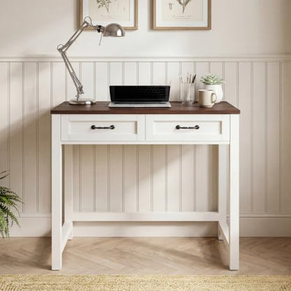 Small Writing Desk with 2 Drawers, Two-Tone Farmhouse Computer Desk with Storage, 31.5" Compact Study Table for Home Office Small Space, White & Walnut