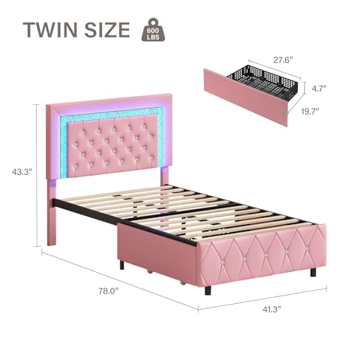 BarnFurin Twin Bed Frame with LED Lights and Diamond Tufted Headboard,Pink | Upholstered Bed Frame with Storage Drawers,Faux Leather Princess Platform Bed, No Box Spring Needed, Easy Assembly - color: Pink, size: Twin