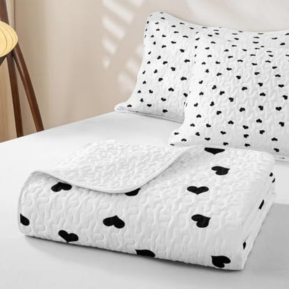 Sweet Heart Kids Quilt Set King Size,Romantic Quilted Bedspread,Princess Style Quilted Coverlet with 2 Pillow Sham,Black White Bed Covers for All Season - color: Black White, size: King