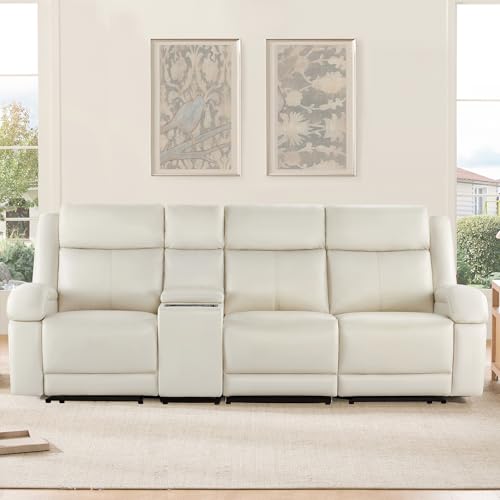Watson & Whitely Wall Hugger Power Reclining Sofa with Console, Cream | Genuine Leather Recliner Sofa, Power Headrests, Center Storage Console, Cup Holders, 3-Seater Couch, Living Room & RV - color: Cream, style: 3 Seater Sofa (with console)