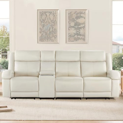 Watson & Whitely Wall Hugger Power Reclining Sofa with Console, Cream | Genuine Leather Recliner Sofa, Power Headrests, Center Storage Console, Cup Holders, 3-Seater Couch, Living Room & RV - color: Cream, style: 3 Seater Sofa (with console)