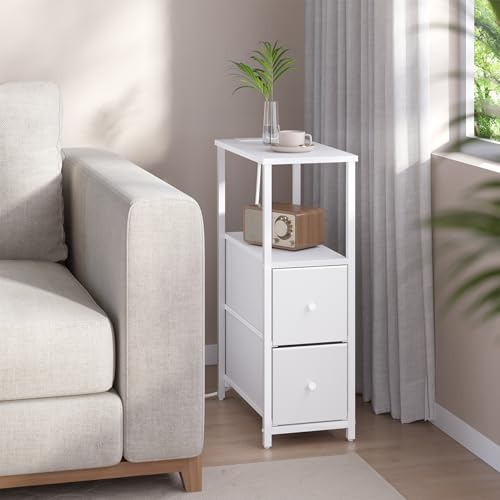 TUTOTAK Narrow End Table with Charging Station, Skinny Side Table | Bedside Table with Outlets, Nightstand with 2 Cloth Drawers, Couch Table for Living Room, Bedroom, White TB01BW055 - color: White, style: 2 Drawers & Plug