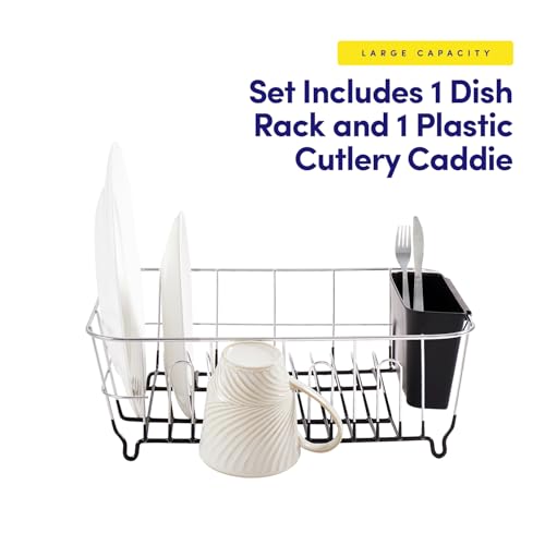 Sweet Home Collection 2 Piece Dish Drying Rack Set Drainer with Utensil Holder Simple Easy to Use Fits in Most Sinks, 14.5" x 13" x 5.25", Black - color: Black