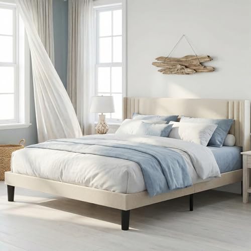 Gizoon Full Bed Frame with Wingback Headboard, Upholstered Platform Bed | Bed Frame with Padded Headboard,Wooden Slats, Noise-Free, No Box Spring Needed, Easy Assembly,Beige - color: Beige, size: Full