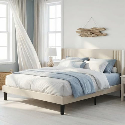 Gizoon Full Bed Frame with Wingback Headboard, Upholstered Platform Bed | Bed Frame with Padded Headboard,Wooden Slats, Noise-Free, No Box Spring Needed, Easy Assembly,Beige - color: Beige, size: Full
