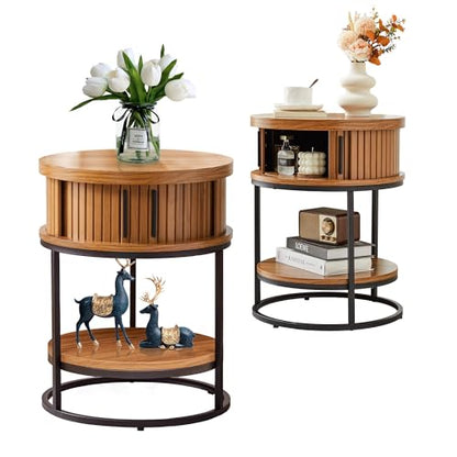 Turtle&Myrtle Small Round Side Table with Storage, 2-Tier Wooden End Table with Sliding Door and Shelf, Mid-Century Circle Nightstand for Living Room, Bedroom, Walnut, 2PC - style: Mid-Century Modern-2PC