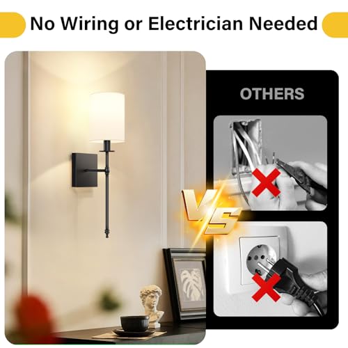19 Inch Black Battery Operated Wall Sconces Set of 2, Rechargeable Wireless Wall Lights with Remote & White Fabric Shade, Indoor Not Hardwired Dimmable Wall Lamps for Living Room, 2 Bulbs Included - color: Black and White, size: 19.9 inch