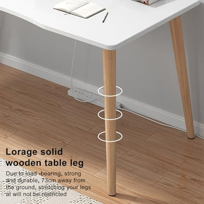 Simple Wooden Writing Desk, White Wooden Computer Table with Solid Wood Legs and Rounded Corner Design, 39.3" L x 23.6" W x 28.7" H, Modern Minimalist Workbench for Home Office, Bedroom, Study Room W