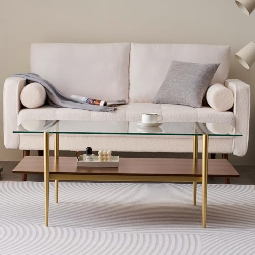 LumFurn Rectangle Coffee Table, Mid-Century Modern Design, L41 W21 x H17, for Living Room, 2-Tier Structure, Clear Glass Top and Walnut MDF Shelf, Sleek Conical Metal Legs with Gold Finish - color: L41" Clear & Walnut