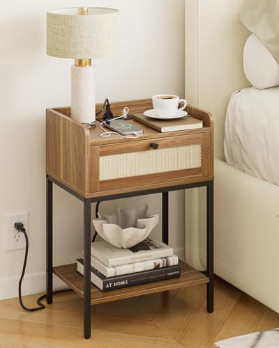 Masupu Nightstand with Charging Station, Modern Bedside Table Night Stand with Storage Drawer and Shelf,Small End Side Table for Bedroom,Living Room,Walnut Brown - color: Outlet-walnut