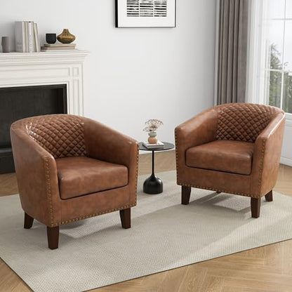 Faux Leather Accent Chair, Modern Barrel Club Chair, Brown | Comfy Upholstered Armchair for Living Room, Round Club Chair Single Sofa Bedroom Reading Seat | 26"D*29"W*29"H - color: Brown