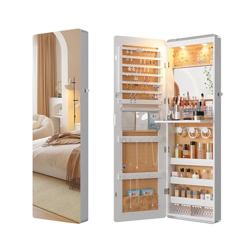 HNEBC Over the Door Jewelry Organizer with LED Lights, 47.2" Full Length Mirror with Storage, Wall Mounted Jewelry Armoire, Hanging Mirror with 2 Drawers,Lokable,3 Shelves-White - color: B-White
