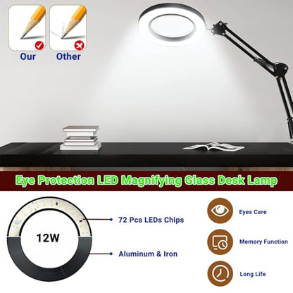 15X Real Glass Lens Magnifying Glass with Light – 3 Color Modes & Adjustable Brightness, Hands-Free Magnifier with Metal Base & Clamp for Crafts, Repair, Reading, Sewing, Painting & Close Work