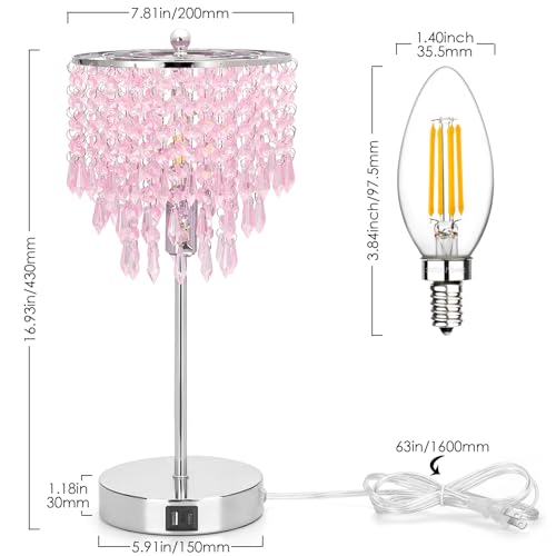 Touch Bedside Lamp with USB C+A Ports, Silver with Pink Crystal Shade | 3-Way Dimmable Crystal Table Lamp, Nightstand Light for Girl Room, Desk Lamp for Bedroom Living Room, B11 LED Bulb Included - color: Pink