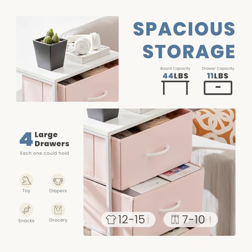 DUMOS Nightstand, Bedside Table with 4 Fabric Drawers | Night Stand with Sturdy Steel Frame Wood Top, Small Narrow Dresser Organizer Furniture, Bedroom Closet Living Room, Pink - color: Pink, size: 11.8"D x 17.7"W x 37.4"H (4 Drawers)