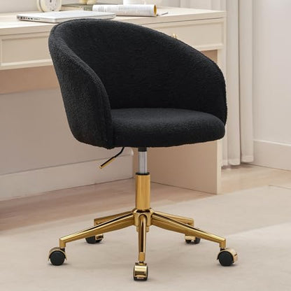 Faux Fur Makeup Vanity Chair,Home Office Desk Chair with Wheels, Blue | Fluffy Swivel Modern Armchair Upholstered Fuzzy Height Adjustable for Teens Women Girls Elegant for Living Room Bedroom - color: Round Black+golden Base