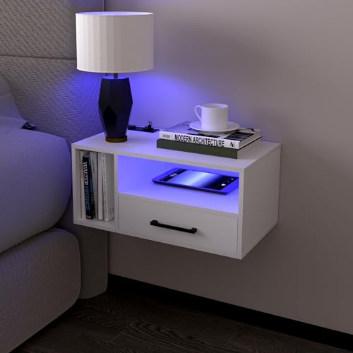 Floating Nightstand with Charging Station & Lights, White | Floating Bedside Table with Drawers Wall Mounted Nightstands,for Bedroom Room, 21.3" x 11.8" x 10" - color: White