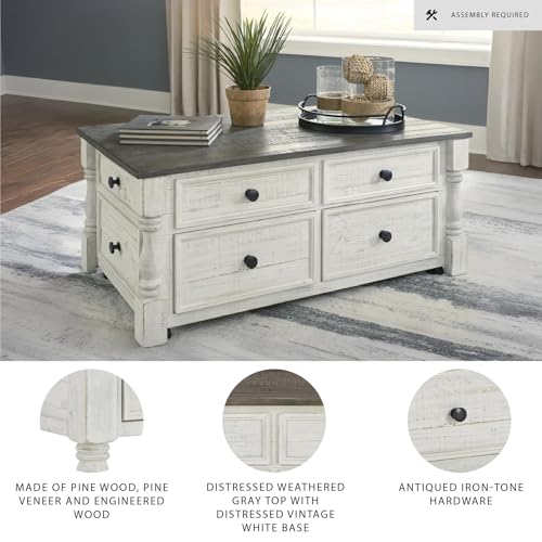 Signature Design by Ashley Havalance Lift-Top Coffee Table with Storage | Pine wood, Pine veneer and engineered wood, Two-tone distressed finish, 4 storage drawers, Casters, White and gray
