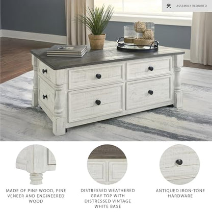 Signature Design by Ashley Havalance Lift-Top Coffee Table with Storage | Pine wood, Pine veneer and engineered wood, Two-tone distressed finish, 4 storage drawers, Casters, White and gray