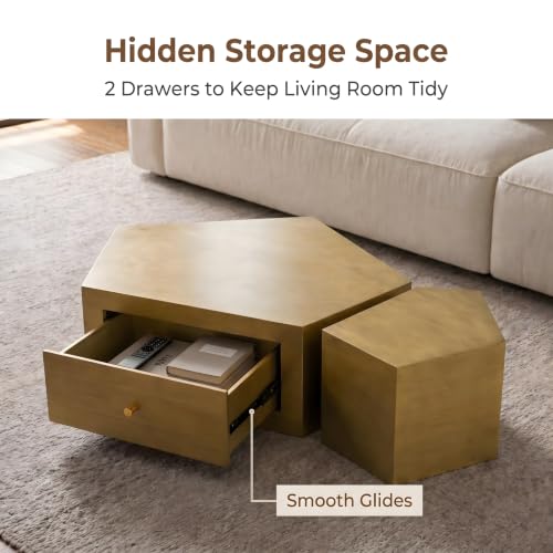 Geometric Nesting Coffee Table Set of 2 with Drawer, Gold | 33.15"&14.57", Modular Nesting Table, Drawer Storage, Faceted Polyhedral Artisan Center Table, No Need Assembled, Living Room - color: 33.15" & 14.57" Geometric Nesting Coffee Table